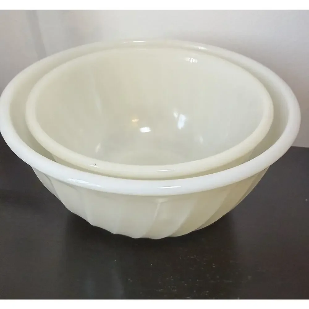 2 Vintage 1950's Anchor Hocking Fire King White Milk Glass Swirl Mixing Bowls